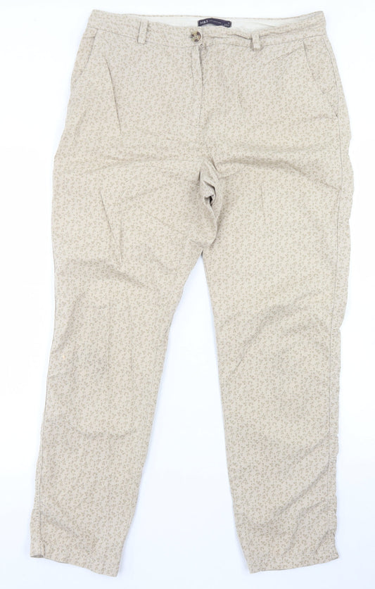 Marks and Spencer Womens Beige Floral Cotton Chino Trousers Size 12 L27 in Regular Button