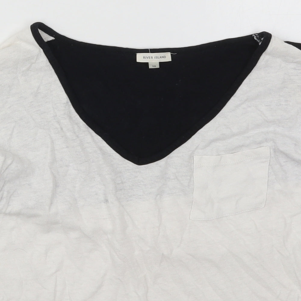 River Island Womens White Colourblock Cotton Basic T-Shirt Size 10 V-Neck - Black and White
