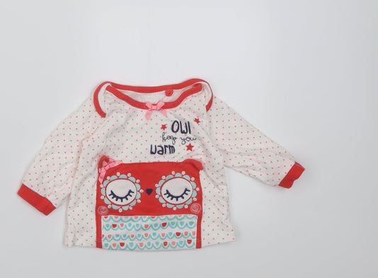 TU Girls White Polka Dot Cotton Basic Casual Size Newborn Crew Neck Pullover - owl keep you warm