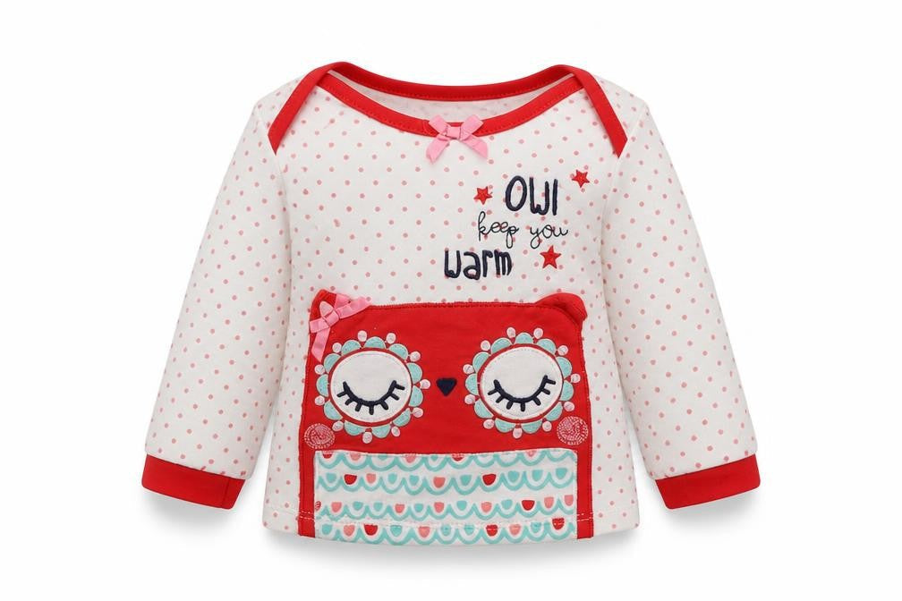 TU Girls White Polka Dot Cotton Basic Casual Size Newborn Crew Neck Pullover - owl keep you warm