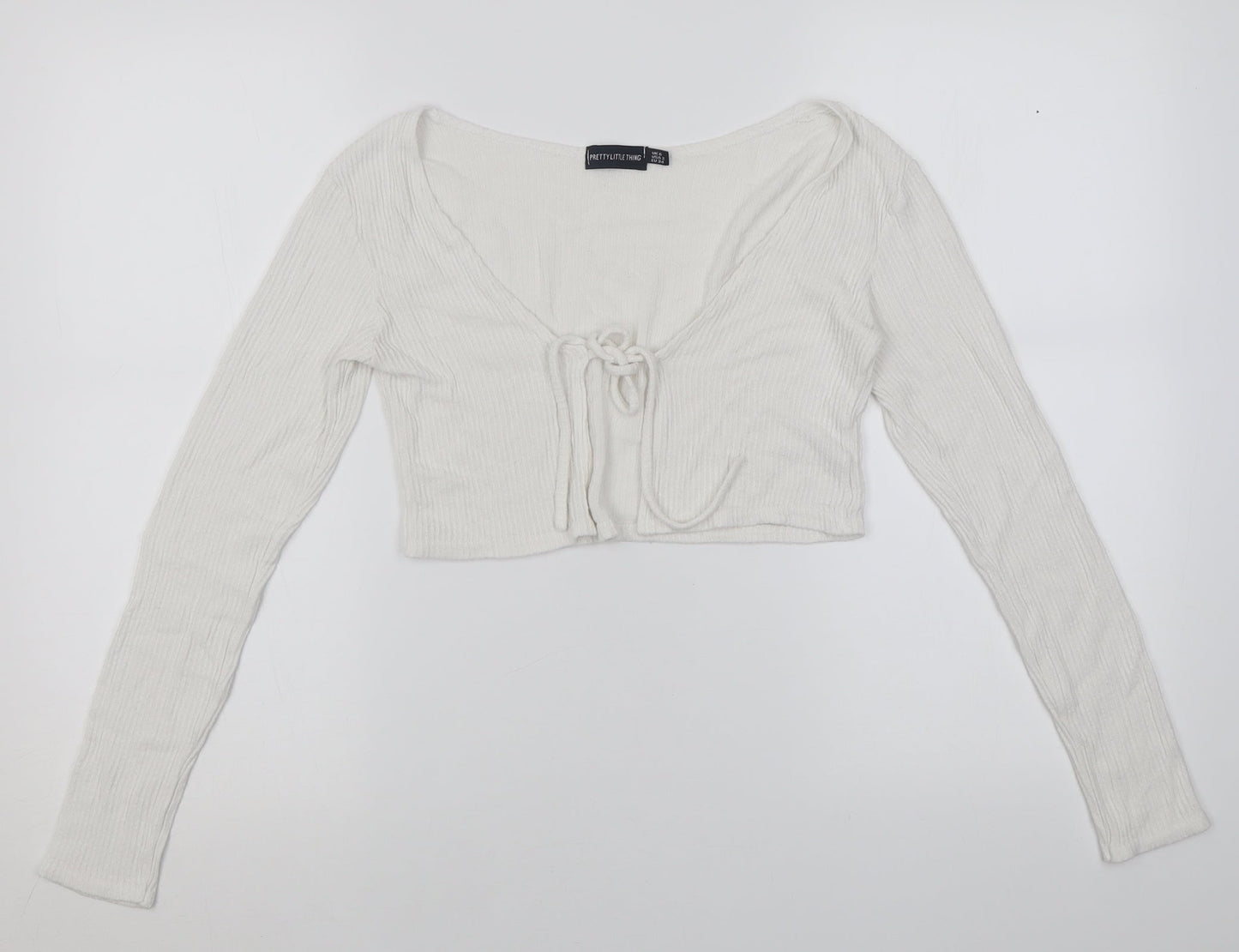 PRETTYLITTLETHING Womens White V-Neck  Viscose Cardigan Jumper Size 6   - ribbed fabric