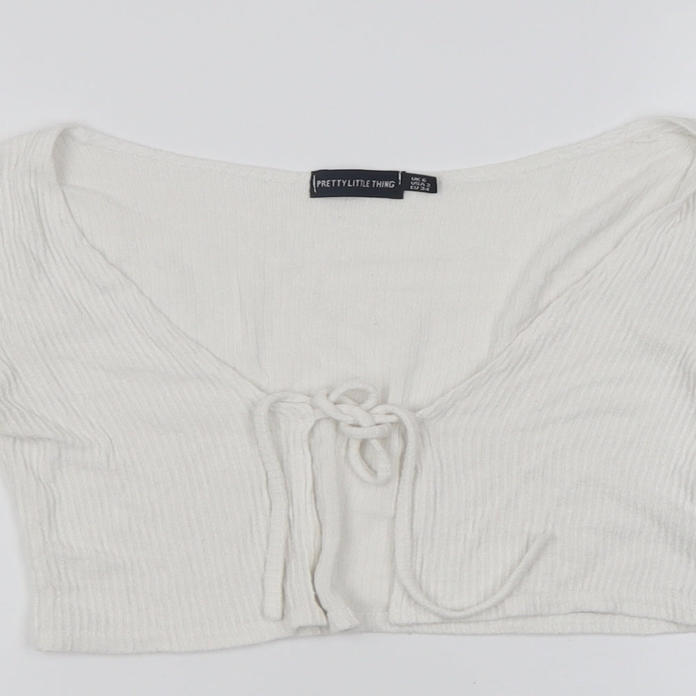 PRETTYLITTLETHING Womens White V-Neck  Viscose Cardigan Jumper Size 6   - ribbed fabric