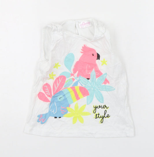 So Cute Girls White Animal Print Cotton Basic Tank Size 18-24 Months Round Neck Pullover - Parrot print