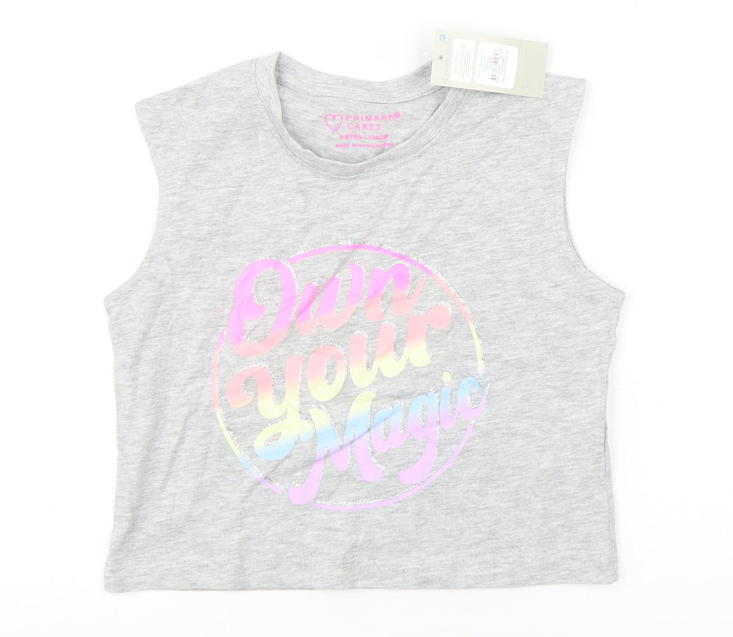 Primark Girls Grey  Cotton Basic Tank Size 8-9 Years Round Neck Pullover