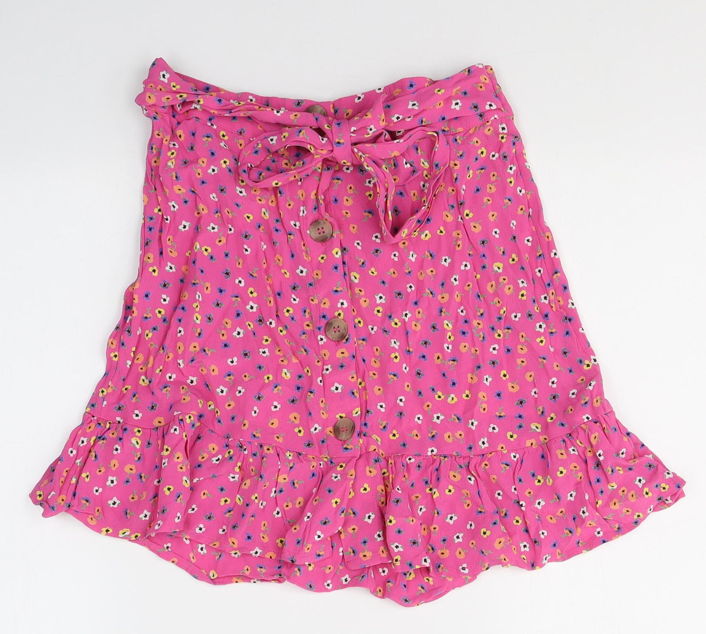 River Island Womens Pink Floral Viscose Mini Skirt Size 8   Button