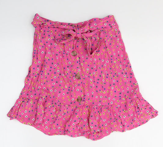 River Island Womens Pink Floral Viscose Mini Skirt Size 8   Button