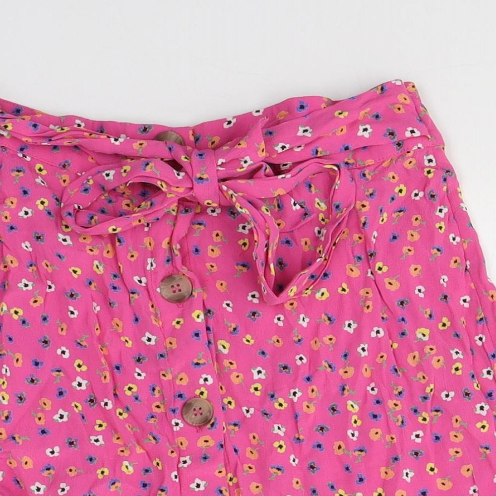 River Island Womens Pink Floral Viscose Mini Skirt Size 8   Button