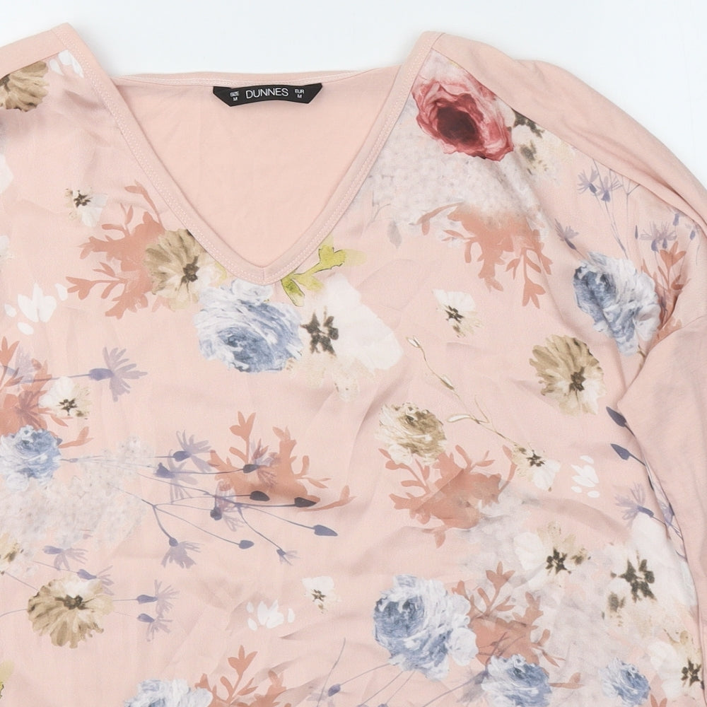 Dunnes Stores Womens Pink Floral Polyester Basic Blouse Size M V-Neck