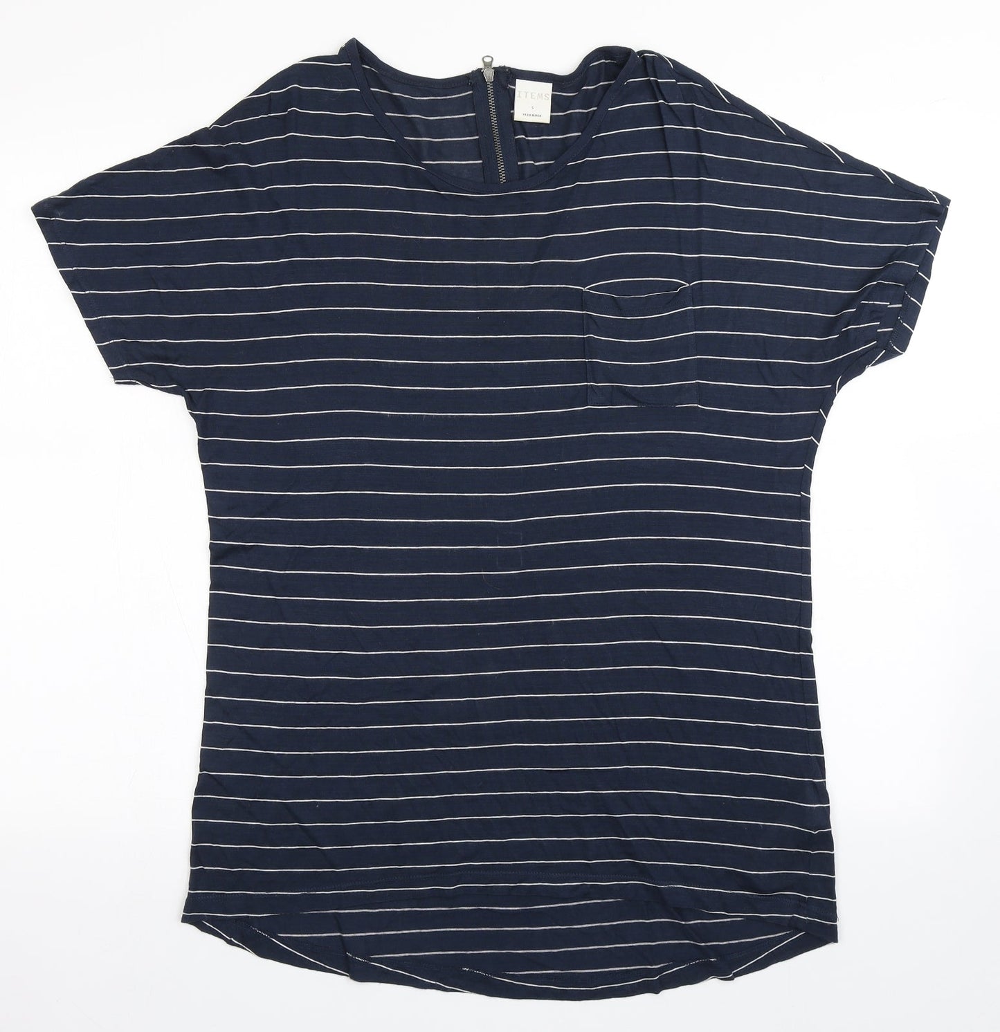 ITEMS` Womens Blue Striped Viscose Basic T-Shirt Size S Roll Neck