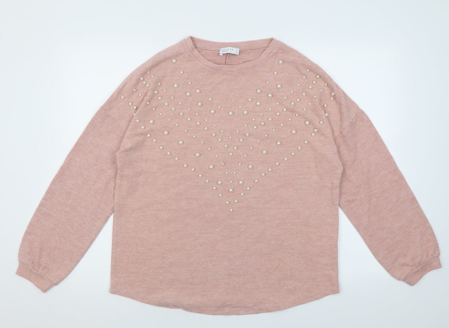 Papaya Womens Pink Crew Neck Fair Isle Polyester Pullover Jumper Size 14