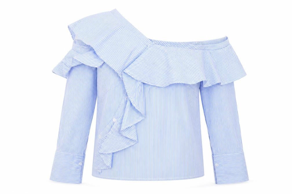 New Look Womens Blue Striped Polyester Basic Blouse Size 6 Off the Shoulder - Cold Shoulder