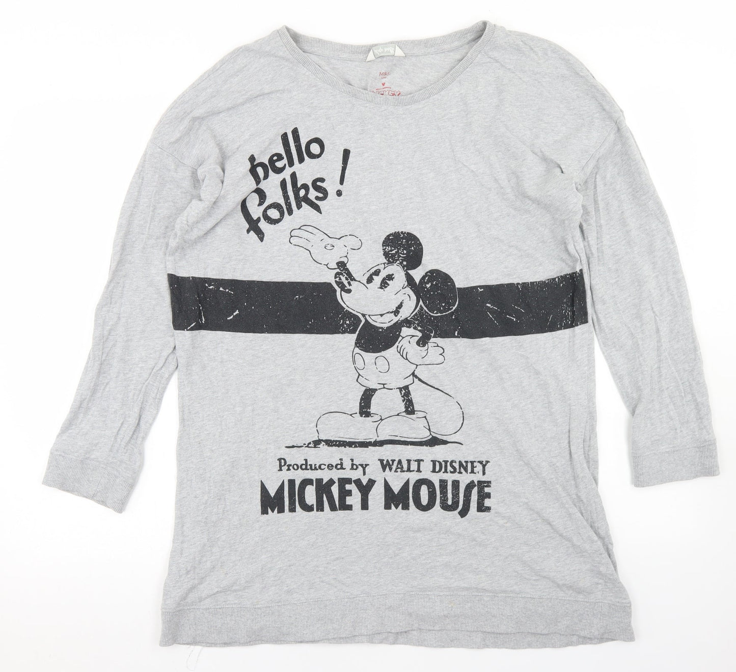Marks and Spencer Womens Grey  Cotton Basic T-Shirt Size 14 Crew Neck - Mickey Mouse