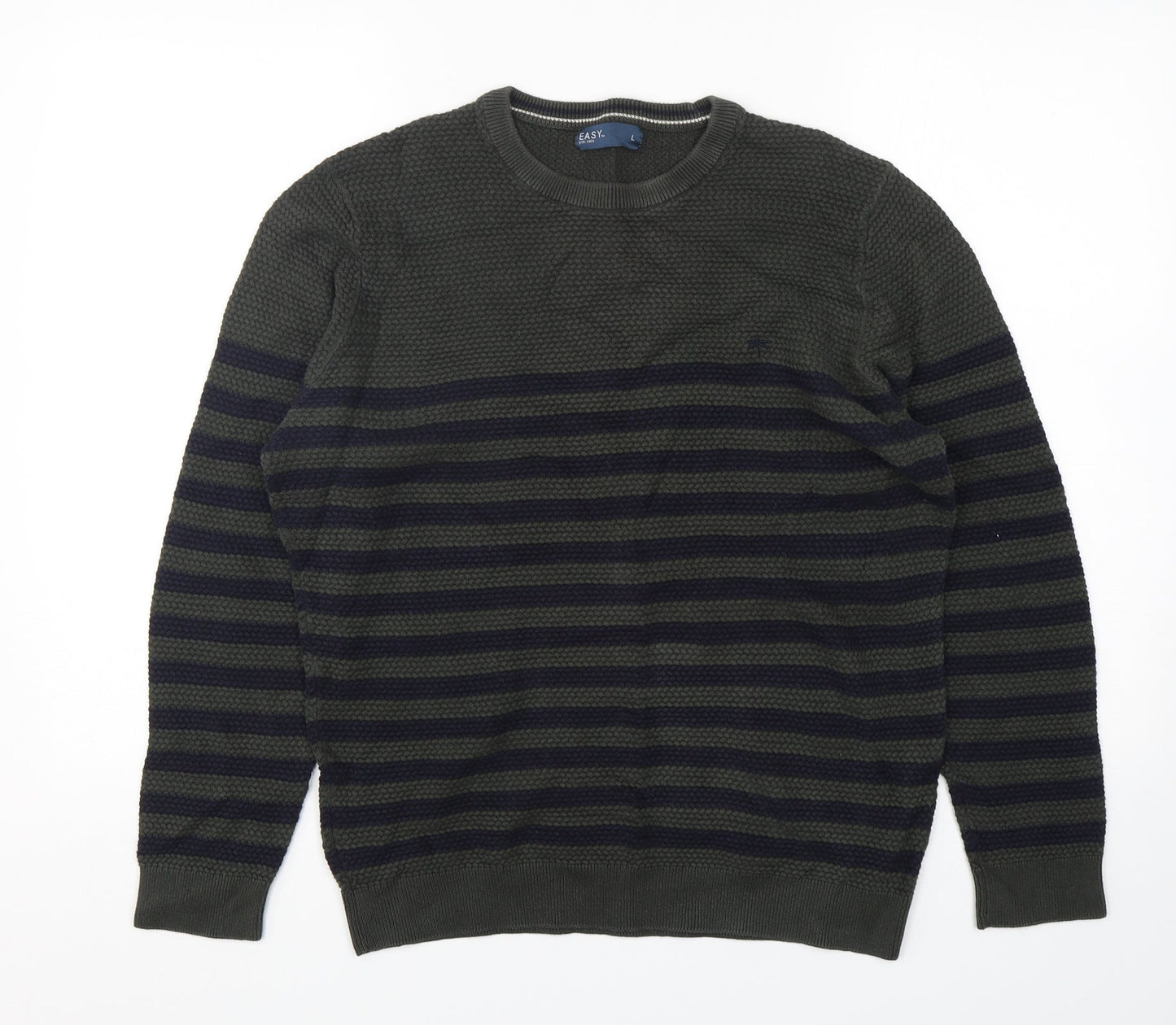 Easy Womens Green Round Neck Striped Cotton Pullover Jumper Size L