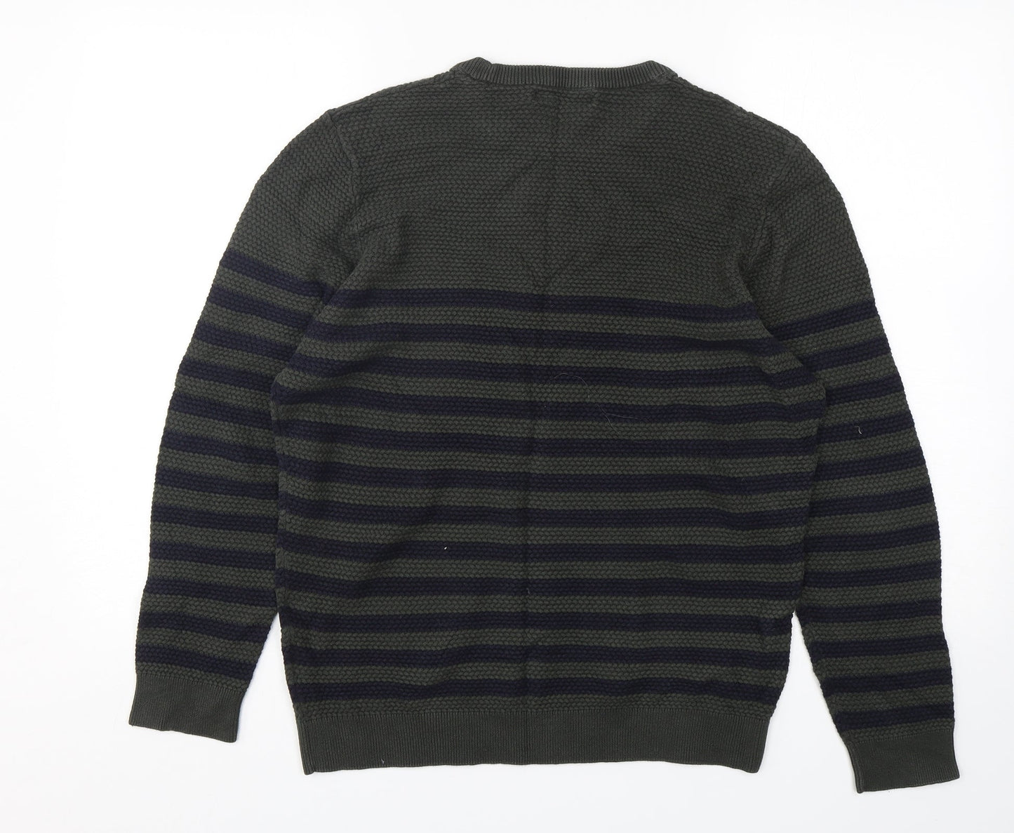 Easy Womens Green Round Neck Striped Cotton Pullover Jumper Size L