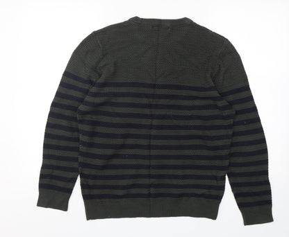 Easy Womens Green Round Neck Striped Cotton Pullover Jumper Size L