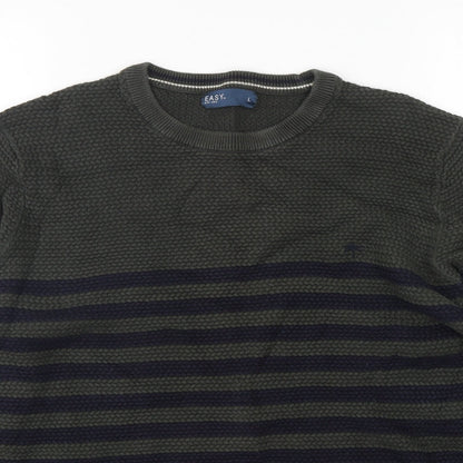 Easy Womens Green Round Neck Striped Cotton Pullover Jumper Size L