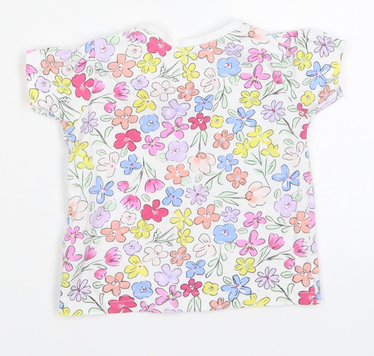 Primark Girls White Floral Cotton Basic T-Shirt Size 6-9 Months Crew Neck Pullover - Multicoloured Flowers
