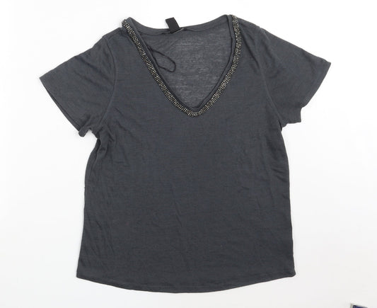H&M Womens Grey  Polyester Basic T-Shirt Size S V-Neck