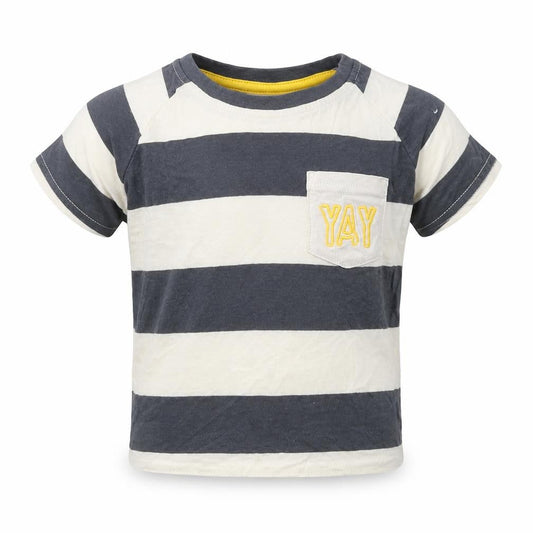 Primark Boys Beige Striped Cotton Basic T-Shirt Size 12-18 Months Crew Neck  - Chest Pocket