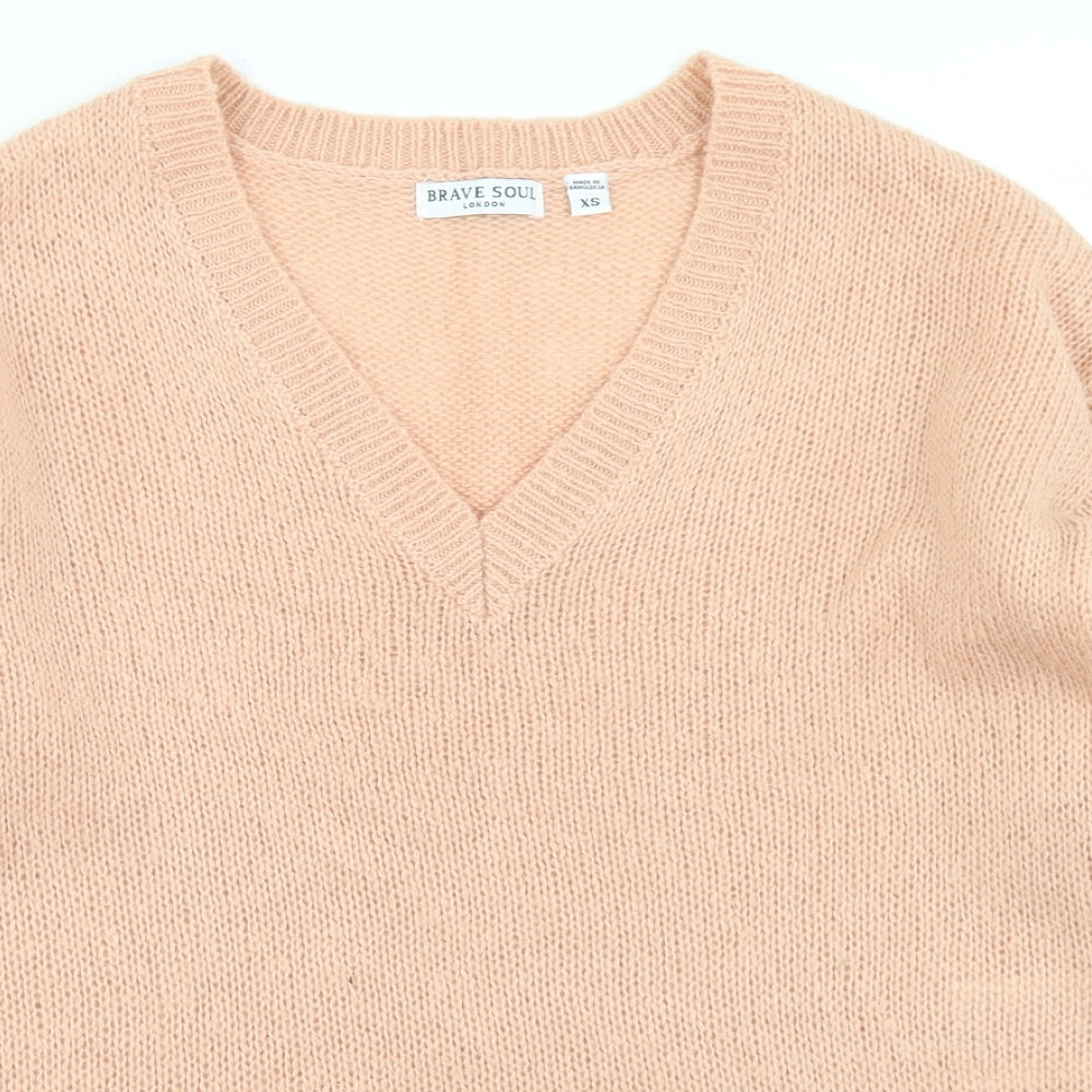 Brave Soul Womens Pink V-Neck  Acrylic Pullover Jumper Size XS
