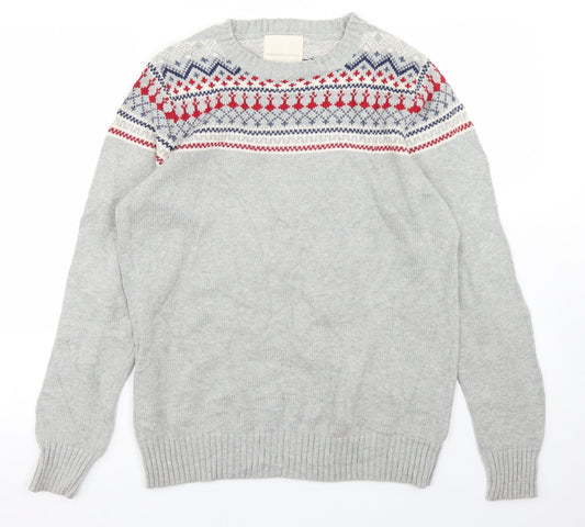Fredrik Anderson Mens Grey Mock Neck Fair Isle Cotton Pullover Jumper Size L