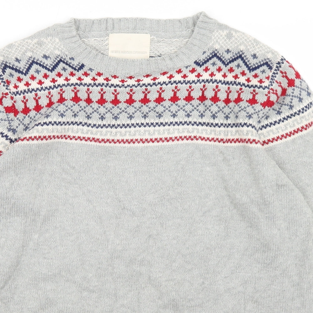 Fredrik Anderson Mens Grey Mock Neck Fair Isle Cotton Pullover Jumper Size L