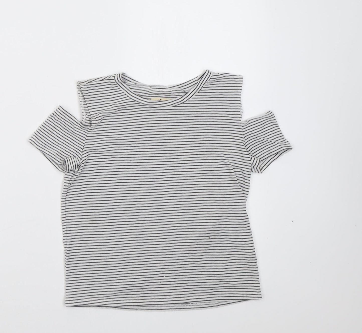 Hollister Womens White Striped Cotton Cropped T-Shirt Size XS Crew Neck - cold shoulder