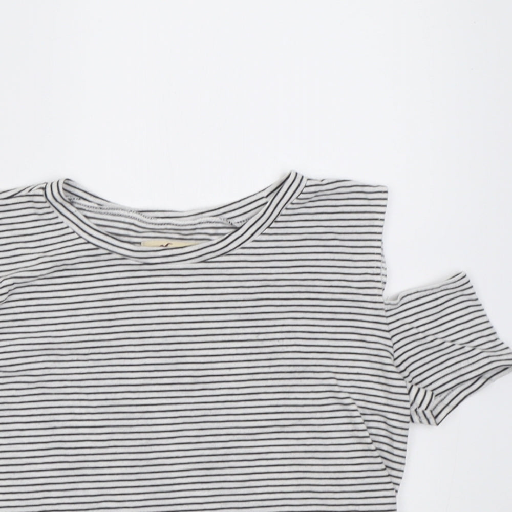 Hollister Womens White Striped Cotton Cropped T-Shirt Size XS Crew Neck - cold shoulder