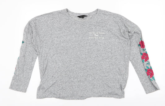 New Look Womens Grey Floral Polyester Jersey T-Shirt Size 8 Round Neck - Roses