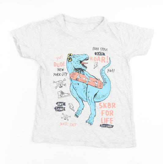 Dunnes Stores Boys Grey  Cotton Basic T-Shirt Size 6 Years Round Neck Pullover - Dinosaur