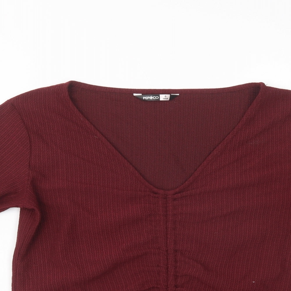 Pep & Co Womens Purple  Polyester Basic Blouse Size 8 V-Neck - Ruched