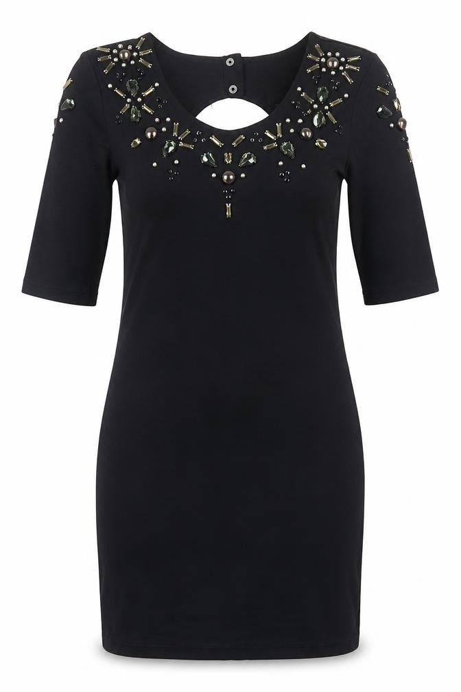 H&M Womens Black Fair Isle Viscose Bodycon  Size 8  Crew Neck Button - Open back