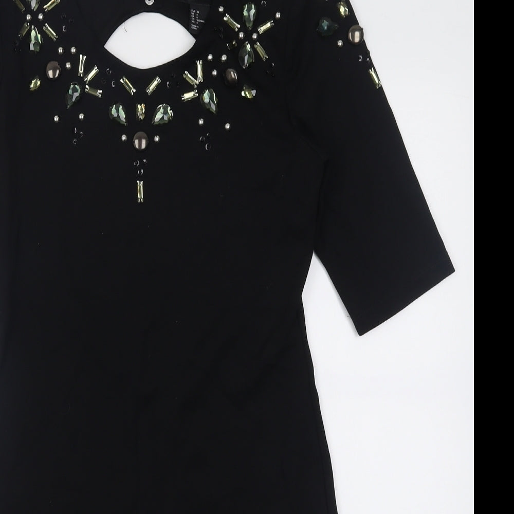 H&M Womens Black Fair Isle Viscose Bodycon  Size 8  Crew Neck Button - Open back