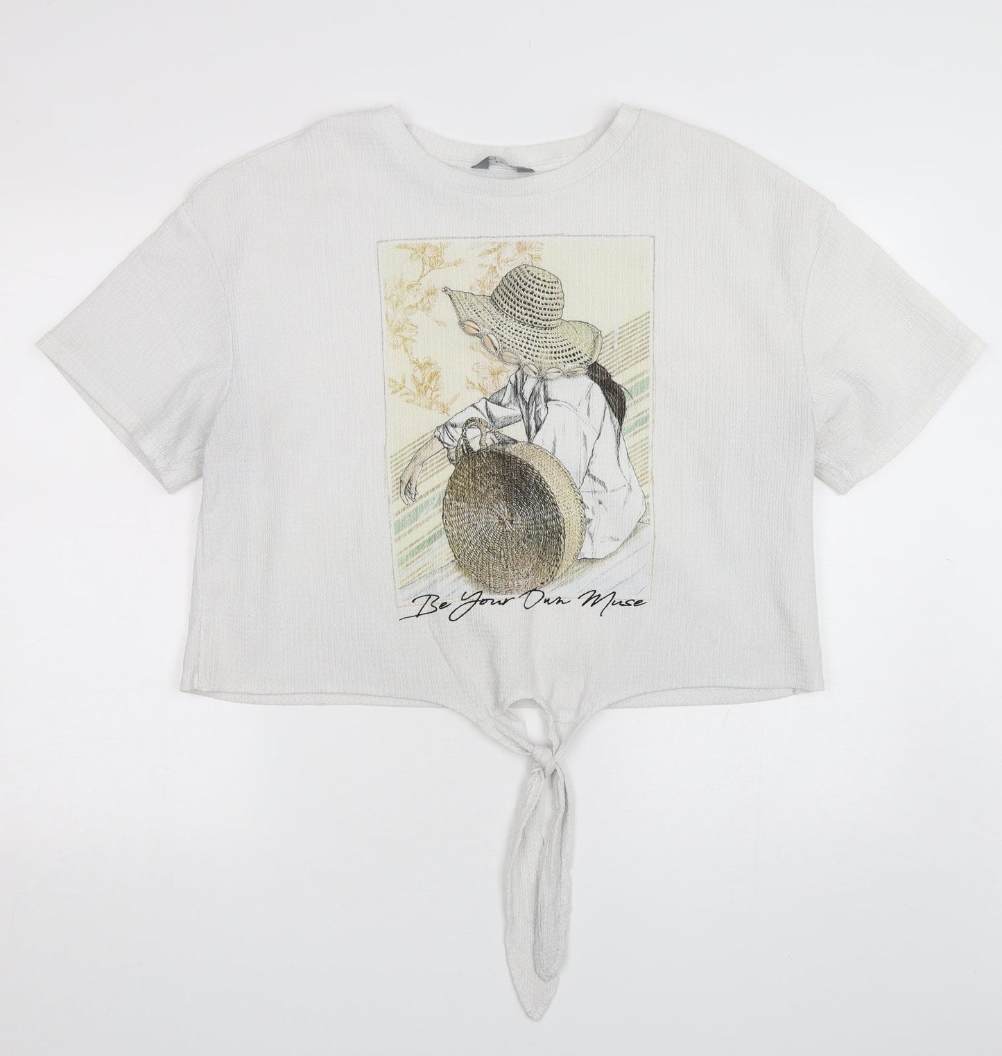 MAX Womens White  Polyester Cropped T-Shirt Size 14 Round Neck
