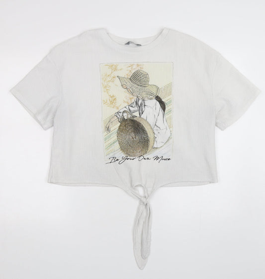MAX Womens White  Polyester Cropped T-Shirt Size 14 Round Neck
