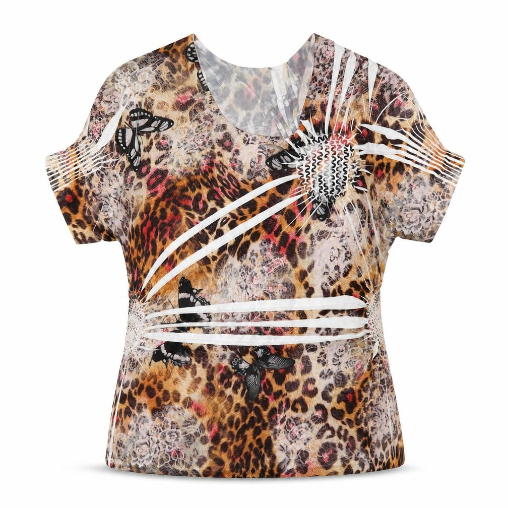 Gerard Womens Brown Animal Print Polyester Basic T-Shirt Size 14 Round Neck