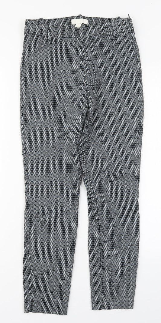 H&M Womens Blue Geometric Cotton Carrot Trousers Size 8 L27 in Regular Zip