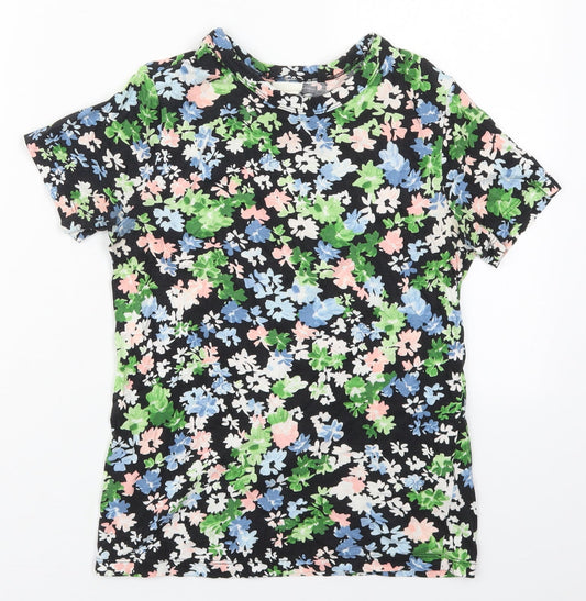 H&M Womens Green Floral Cotton Basic T-Shirt Size XS Crew Neck