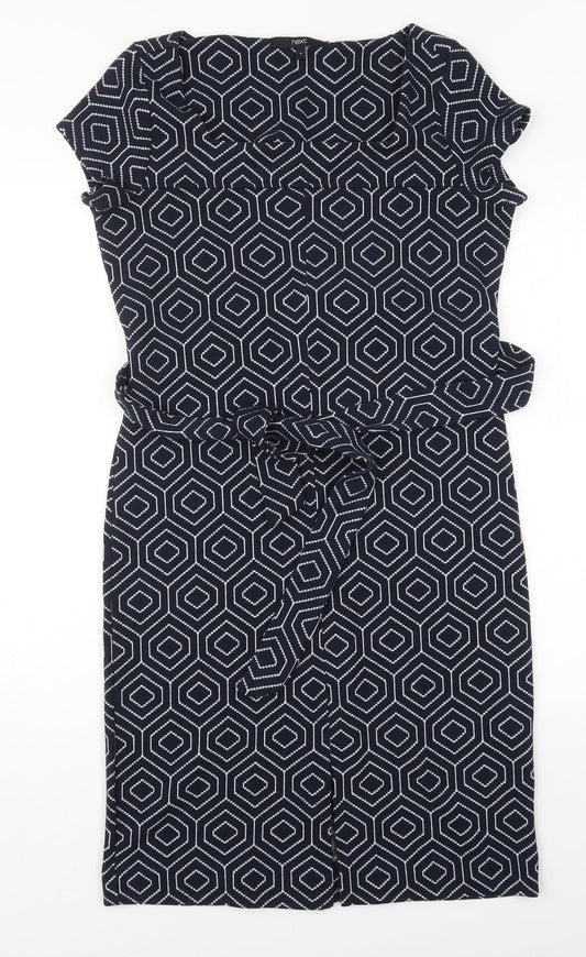 NEXT Womens Blue Geometric Polyester Pencil Dress  Size 8  Square Neck Pullover