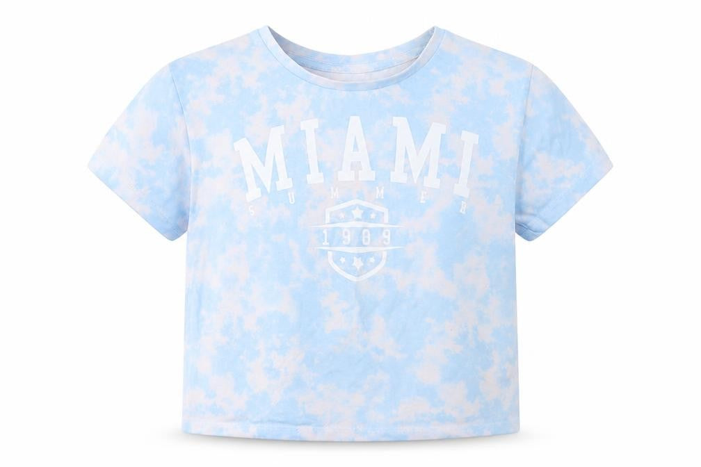 Dunnes Stores Girls Blue  Polyester Cropped T-Shirt Size 6-7 Years Crew Neck  - Tie Dye
