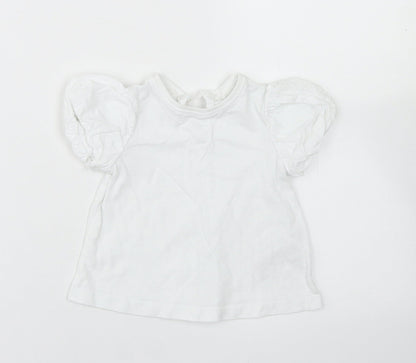 Preloved NEXT Girls White  Cotton Basic T-Shirt Size 6-9 Months Crew Neck Button - Puff Sleeve - Front