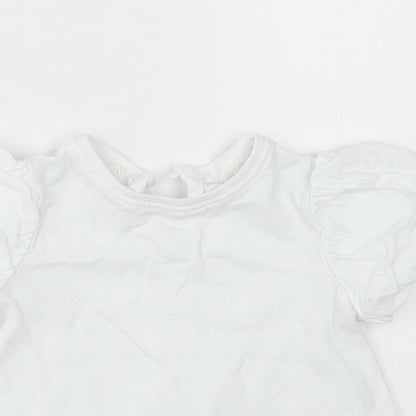 Preloved NEXT Girls White  Cotton Basic T-Shirt Size 6-9 Months Crew Neck Button - Puff Sleeve - Detail