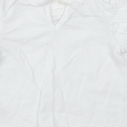 Preloved NEXT Girls White  Cotton Basic T-Shirt Size 6-9 Months Crew Neck Button - Puff Sleeve - Label