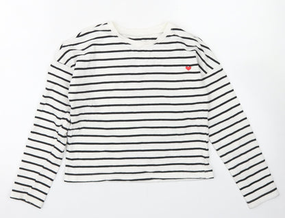 Dunnes Girls White Striped Cotton Pullover Sweatshirt Size 10-11 Years   - Cropped
