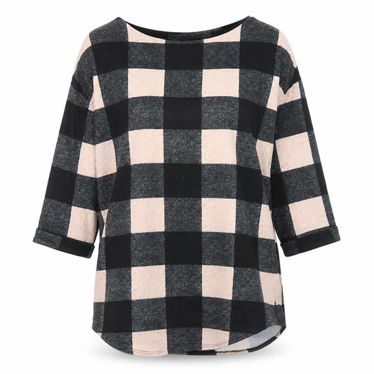 F&F Womens Black Check Polyester Tunic T-Shirt Size 8 Round Neck