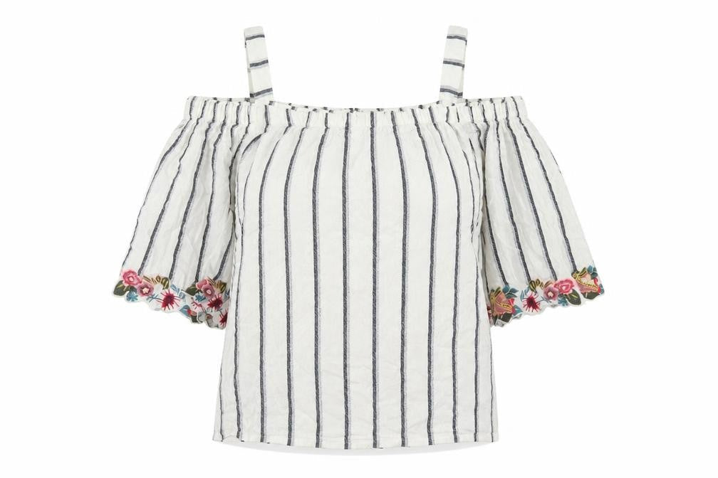 F&F Womens White Striped Cotton Basic Blouse Size 8 Off the Shoulder - Cold Shoulder