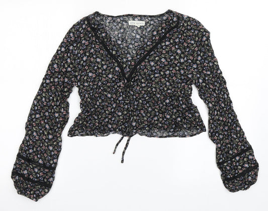 Aeropostale Womens Black Floral Cotton Cropped Blouse Size S V-Neck