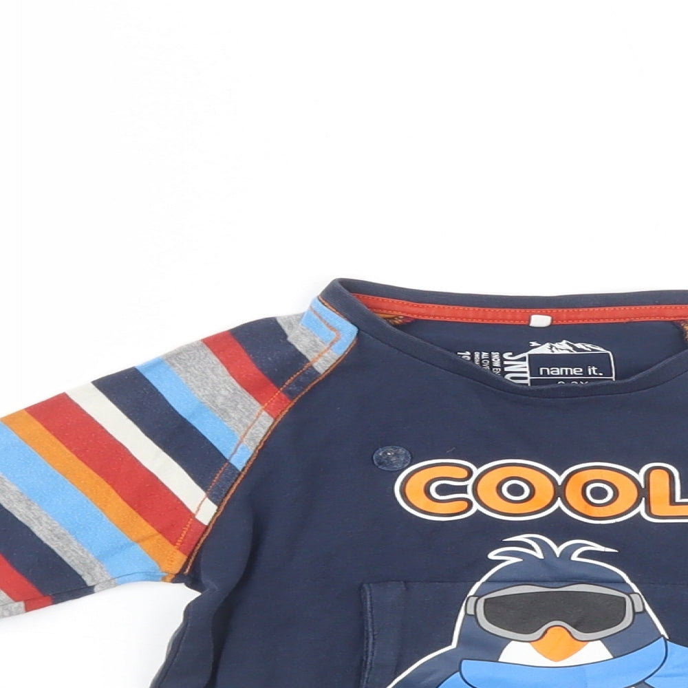 name it Boys Blue Striped Cotton Pullover T-Shirt Size 2-3 Years Crew Neck Pullover - Penguin