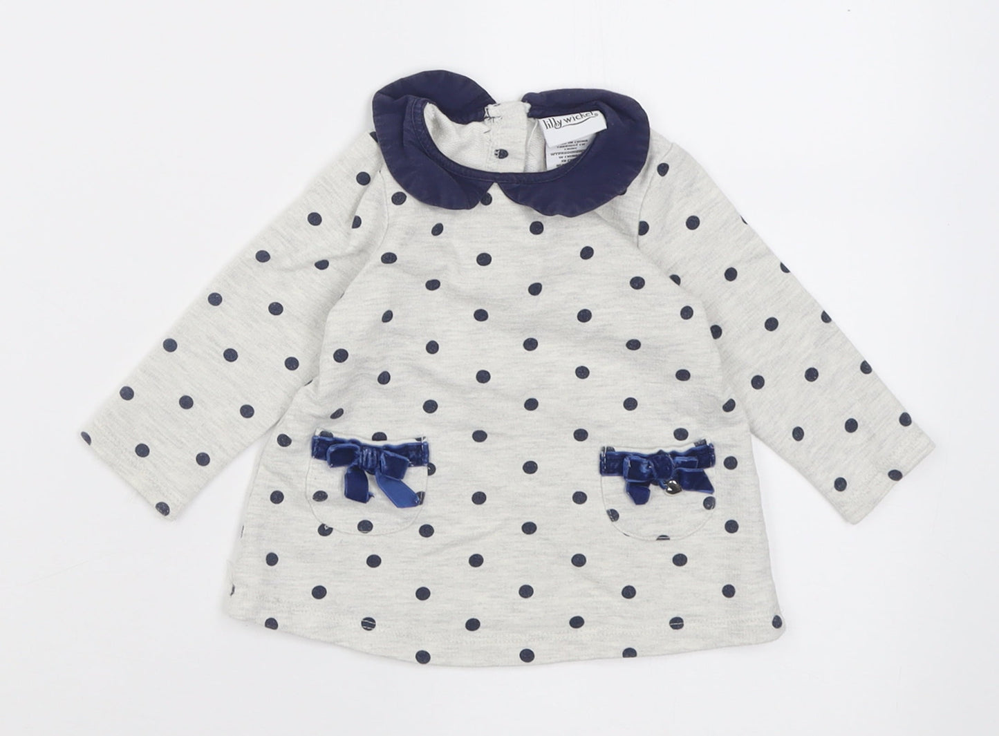 Lily Wicket Girls Grey Polka Dot Cotton Basic Casual Size 3-6 Months Collared Button