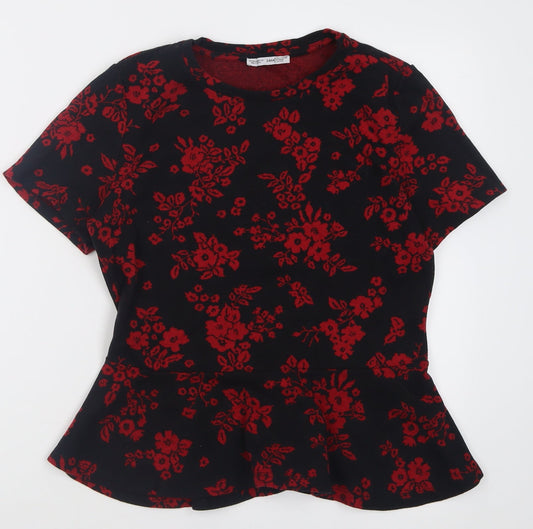 Zara Womens Red Floral Cotton Tunic T-Shirt Size M Crew Neck